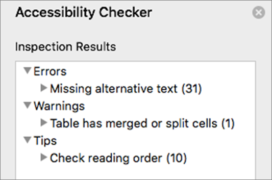 Screenshot of Accessibility Checker showing Inspection Results