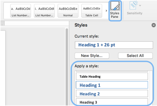 Screenshot of Styles Pane with list of styles highlighted