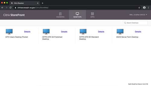 Citrix storefront with options to choose various desktops